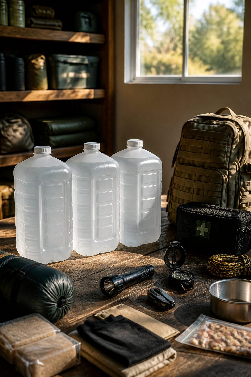72 Hour Kit: What to Pack for Three Days of Self-Reliance 1 Three translucent water containers, each holding a gallon of water.