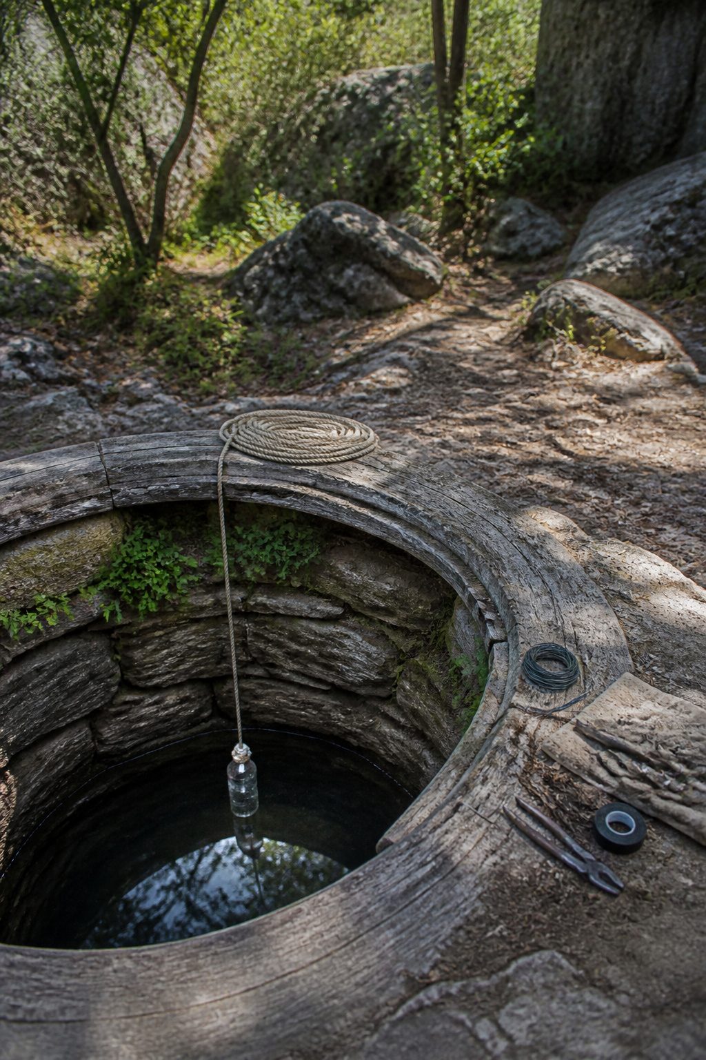 Rope attached to a bailer bucket for lowering.