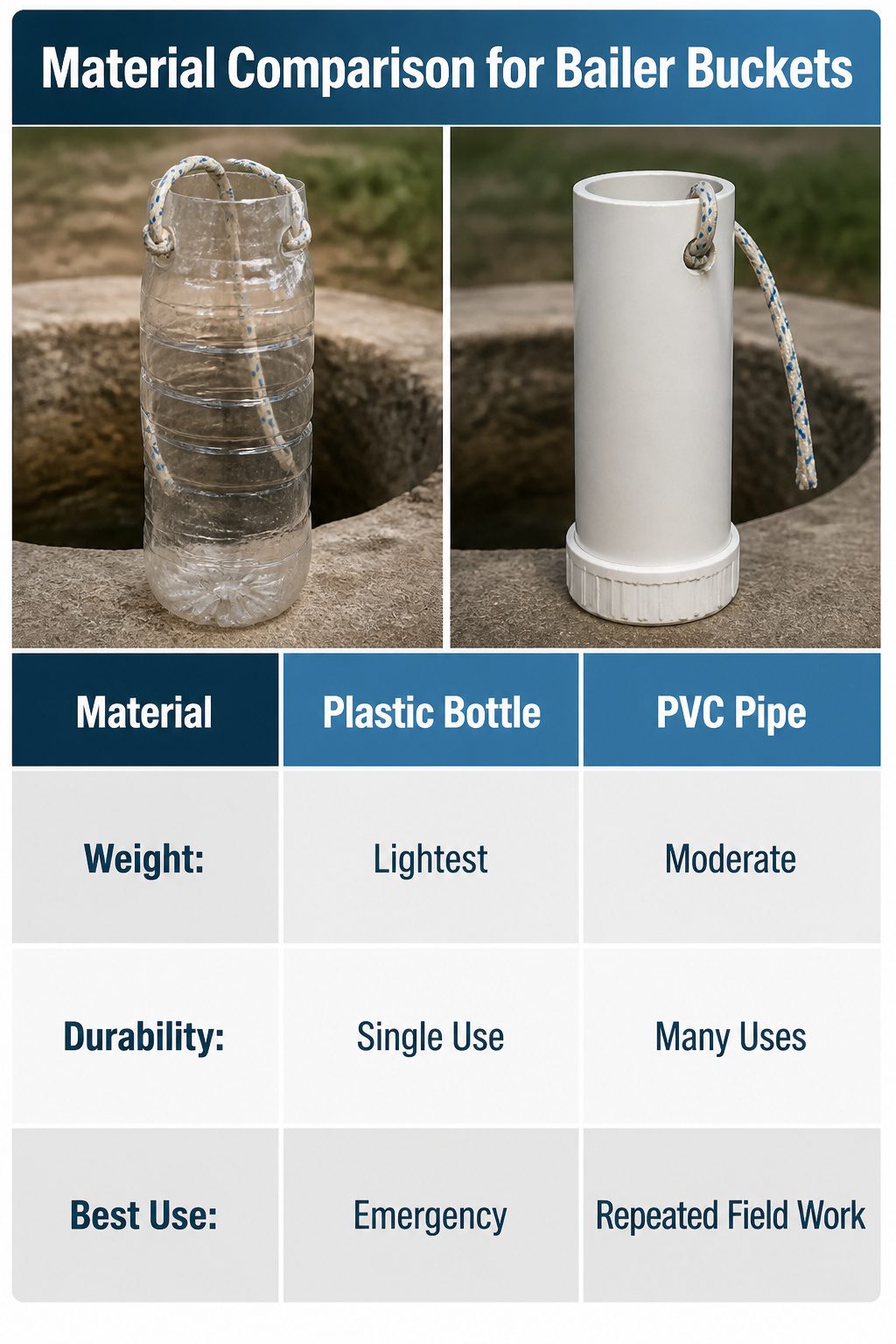 Material comparison chart for bailer buckets.