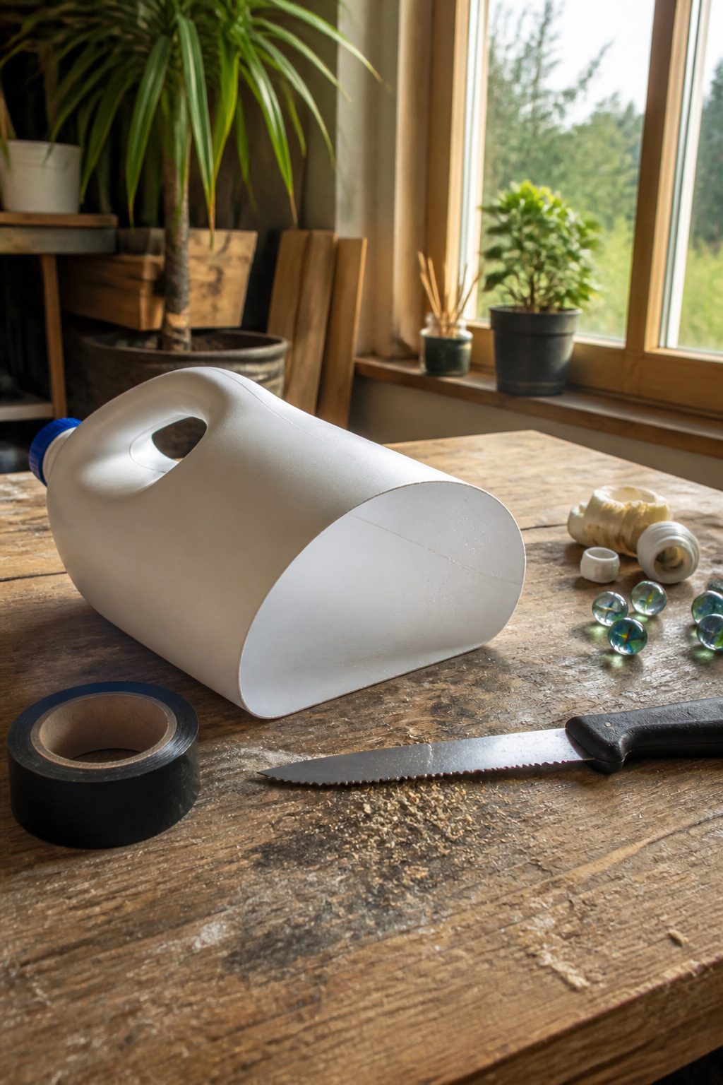 Bleach bottle with cut edge for bailer preparation.
