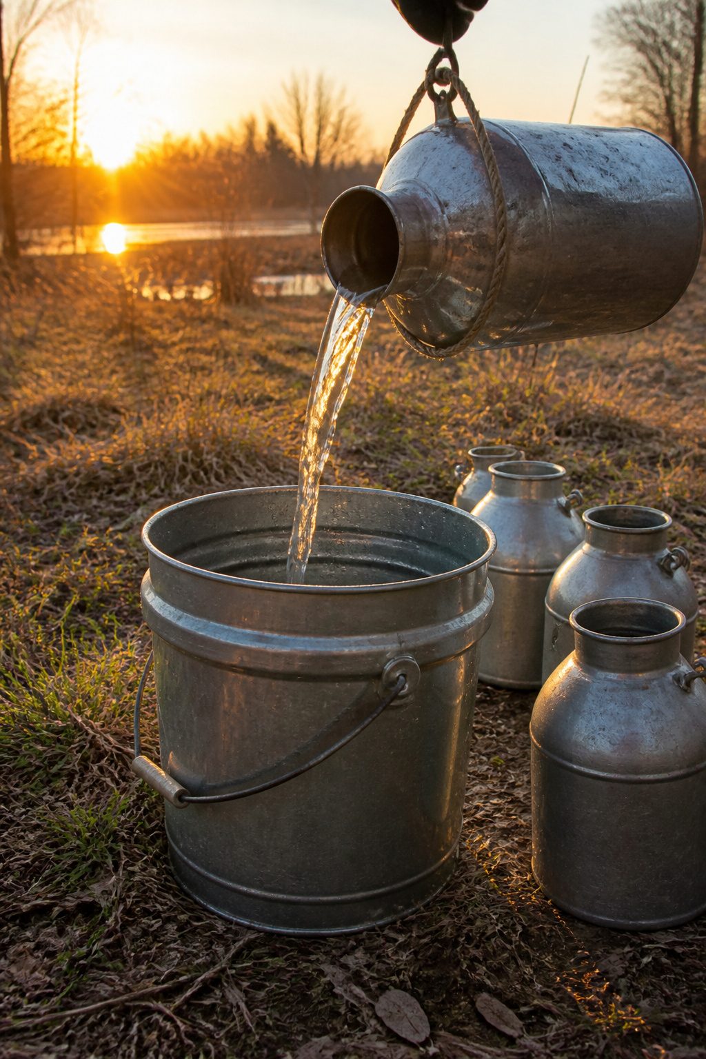 Bailer bucket pouring water into a five-gallon can.
