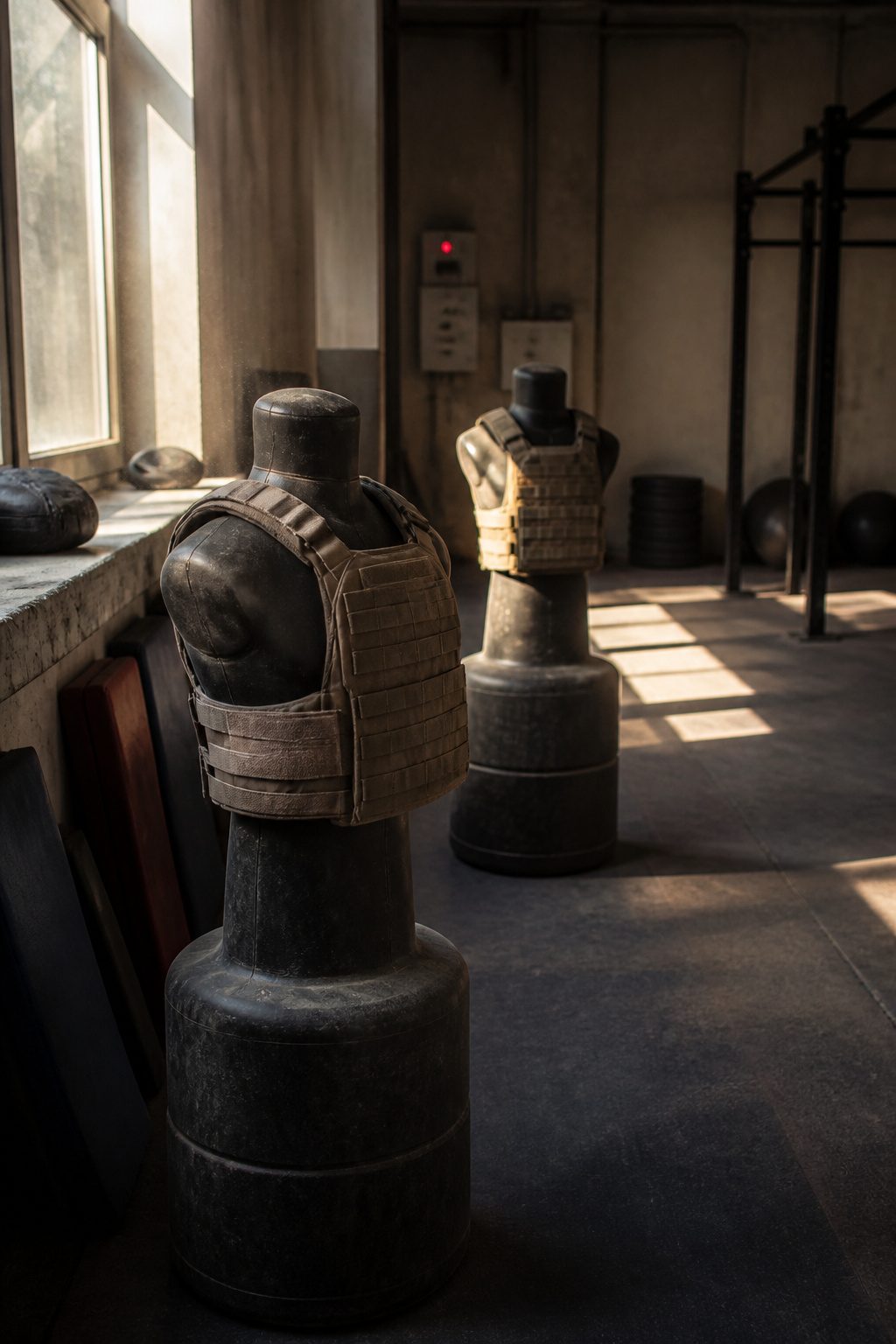 Abandoned training dummies stand in a quiet gym filled with dust.
