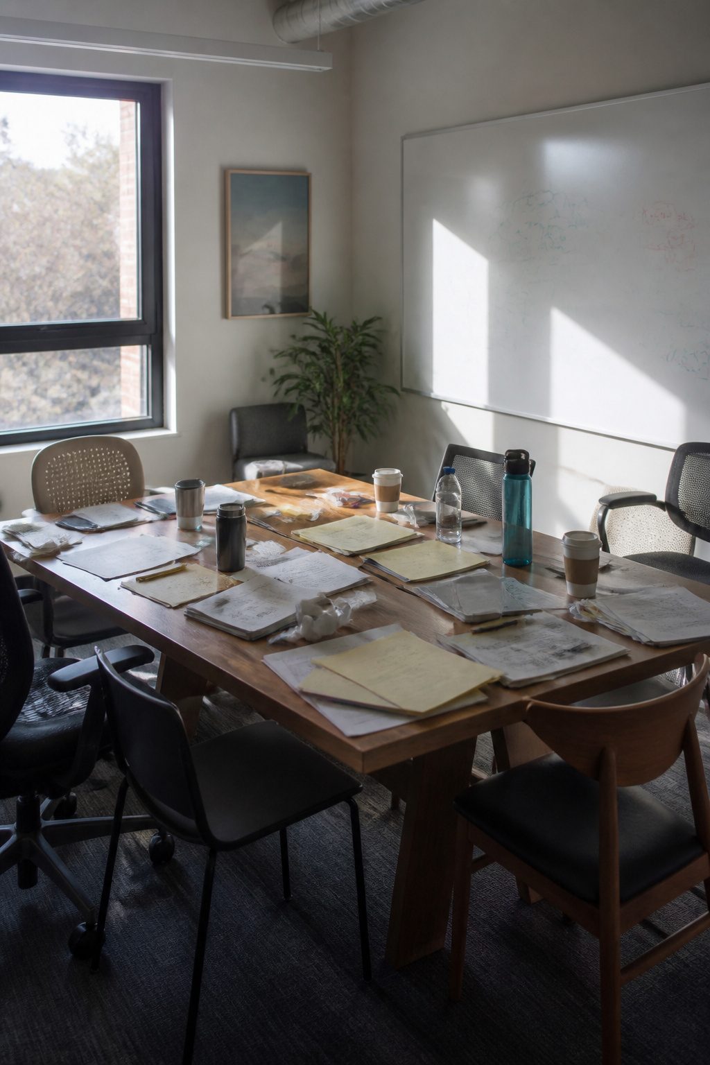 A table in a debrief room is cluttered with notes and coffee cups.