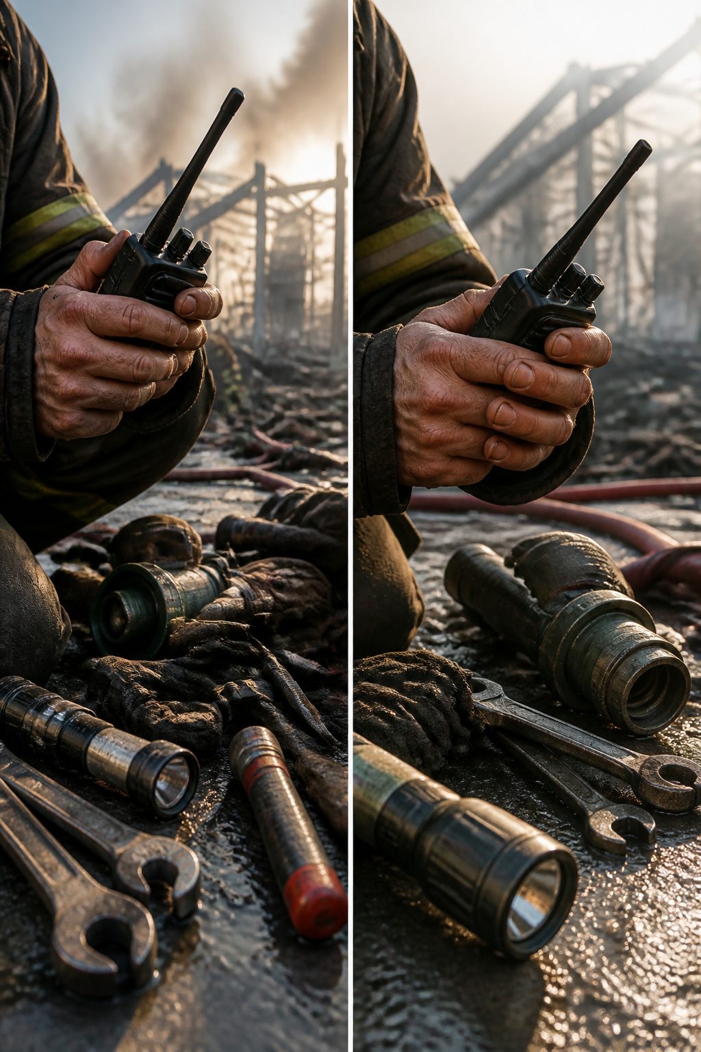 A firefighter looks intently at a scene, surrounded by smoke and chaos.