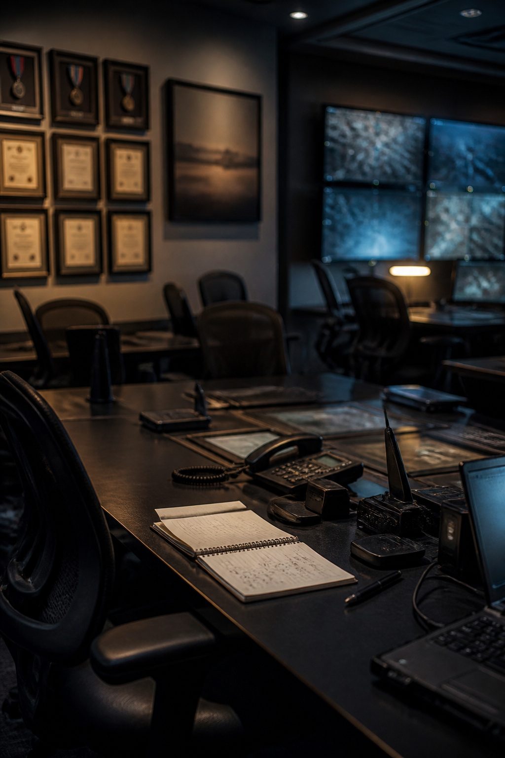 An empty operations center table is cluttered with notes and tech equipment.