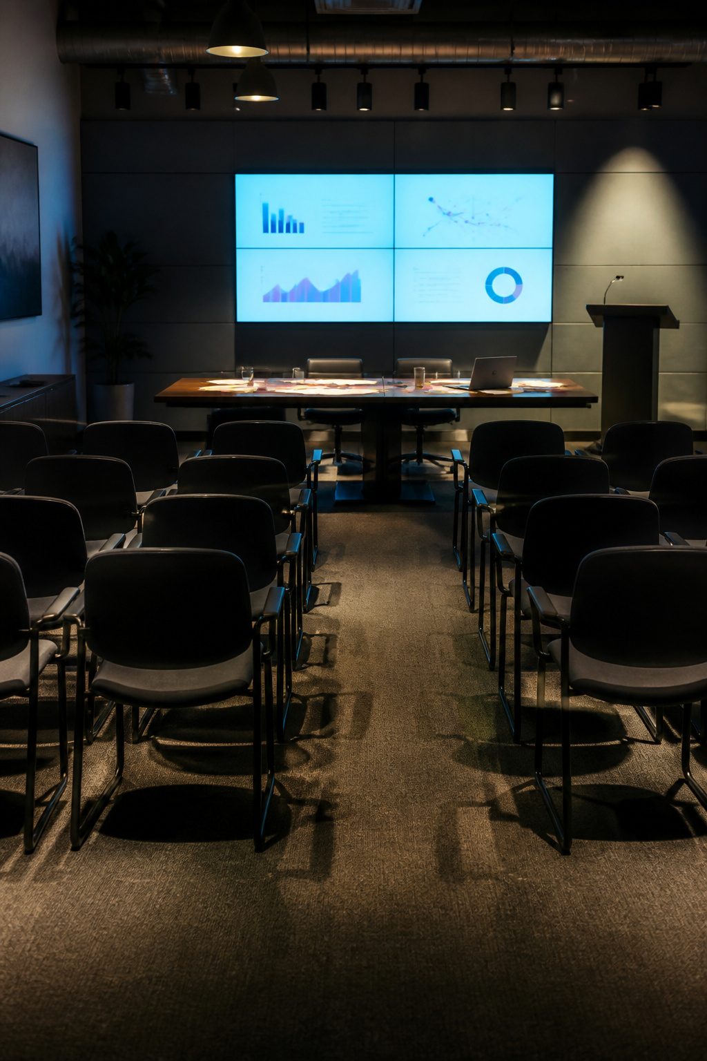 Empty chairs face a cluttered table in a tense meeting room.