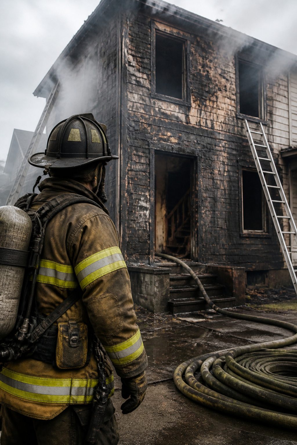 A firefighter stands beside a burnt two-story house with peeling paint.