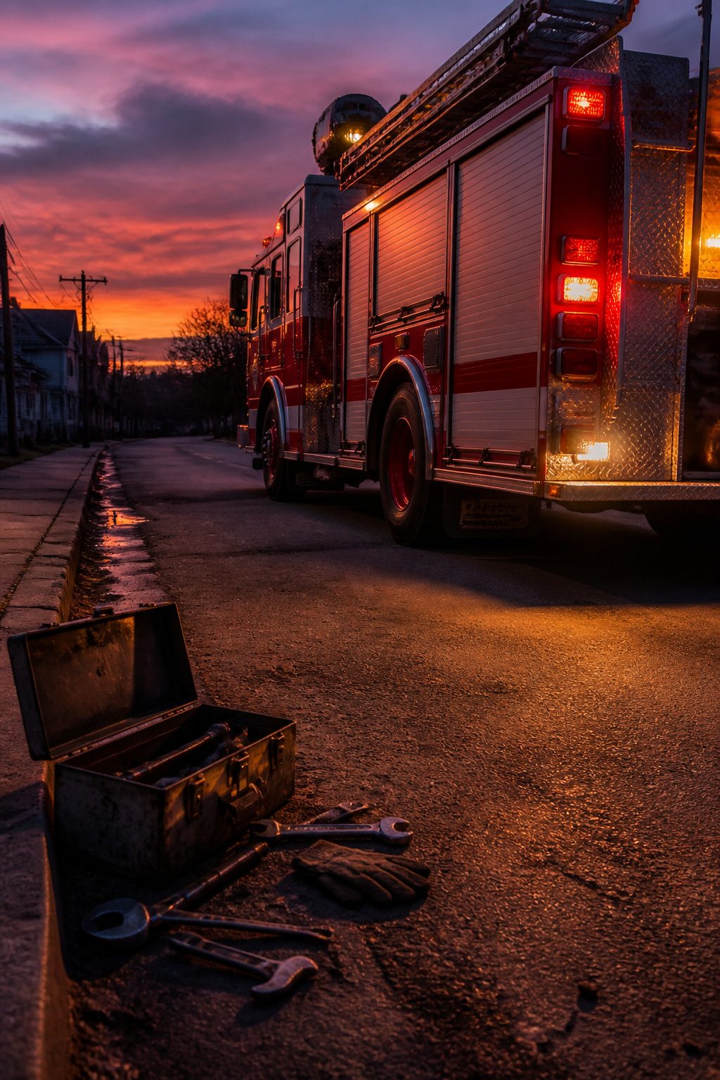 A fire engine sits on the street at dusk with an open toolbox nearby.