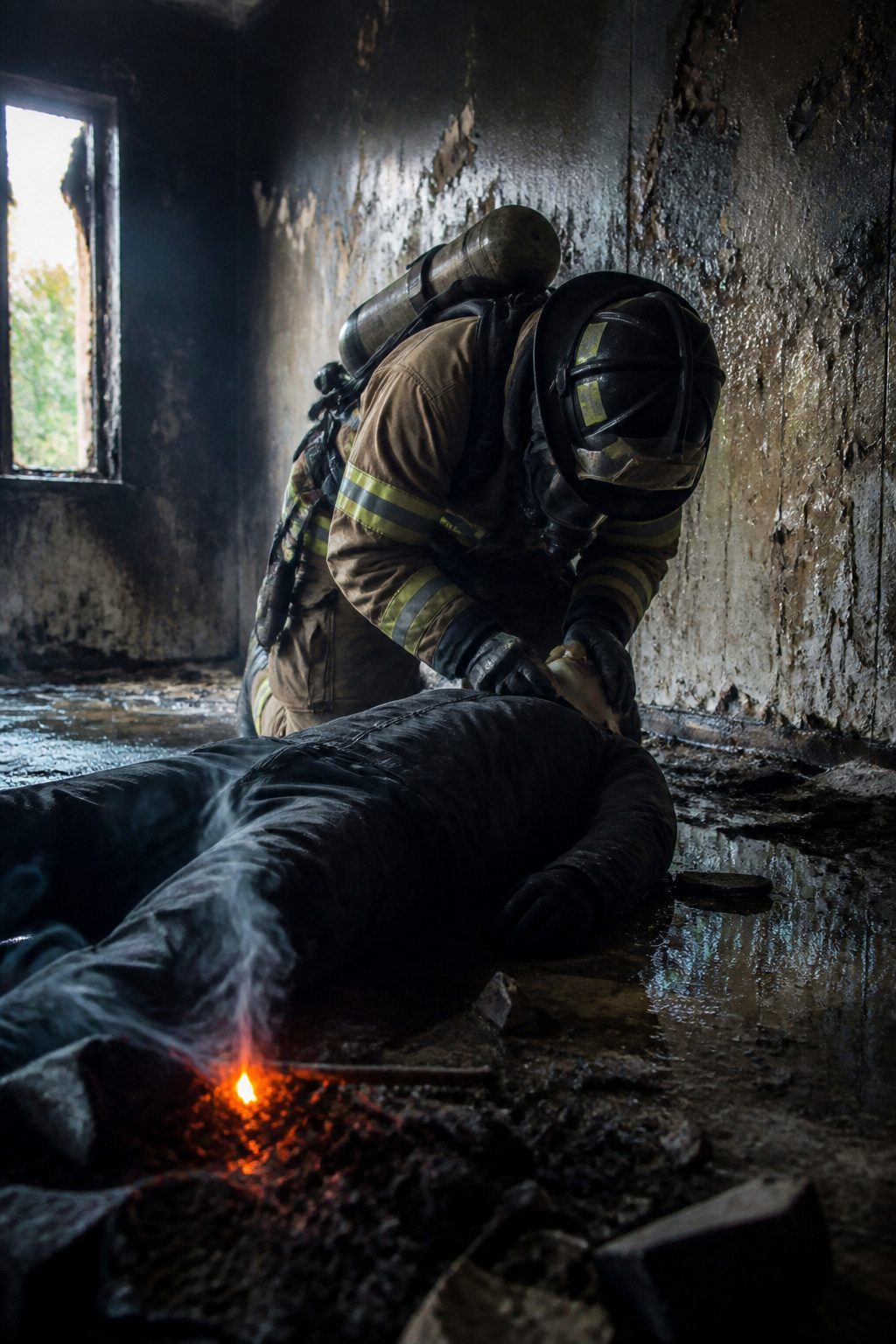 A firefighter crouches beside a victim in a dark, smoke-filled environment.
