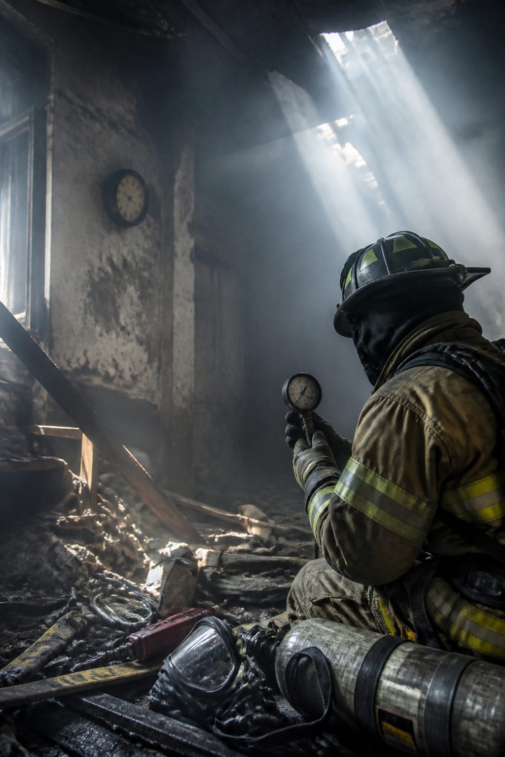 A firefighter examines a pressure gauge in a disorganized, smoky environment.