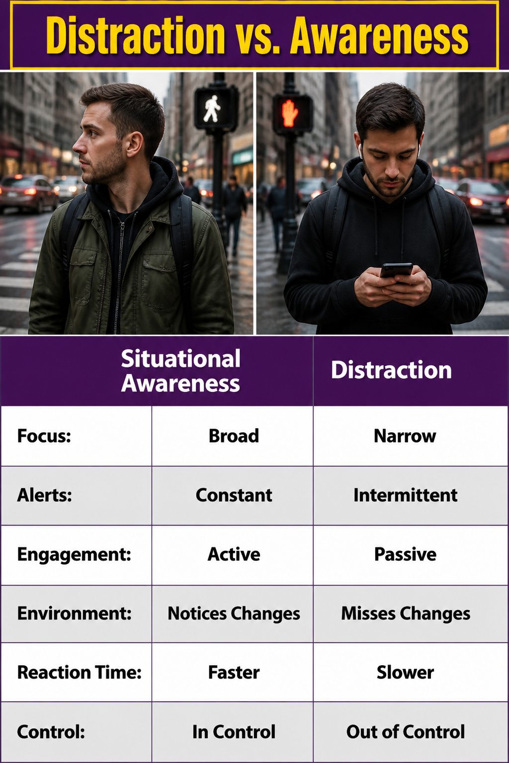 A visual comparison of distraction versus awareness in urban settings.