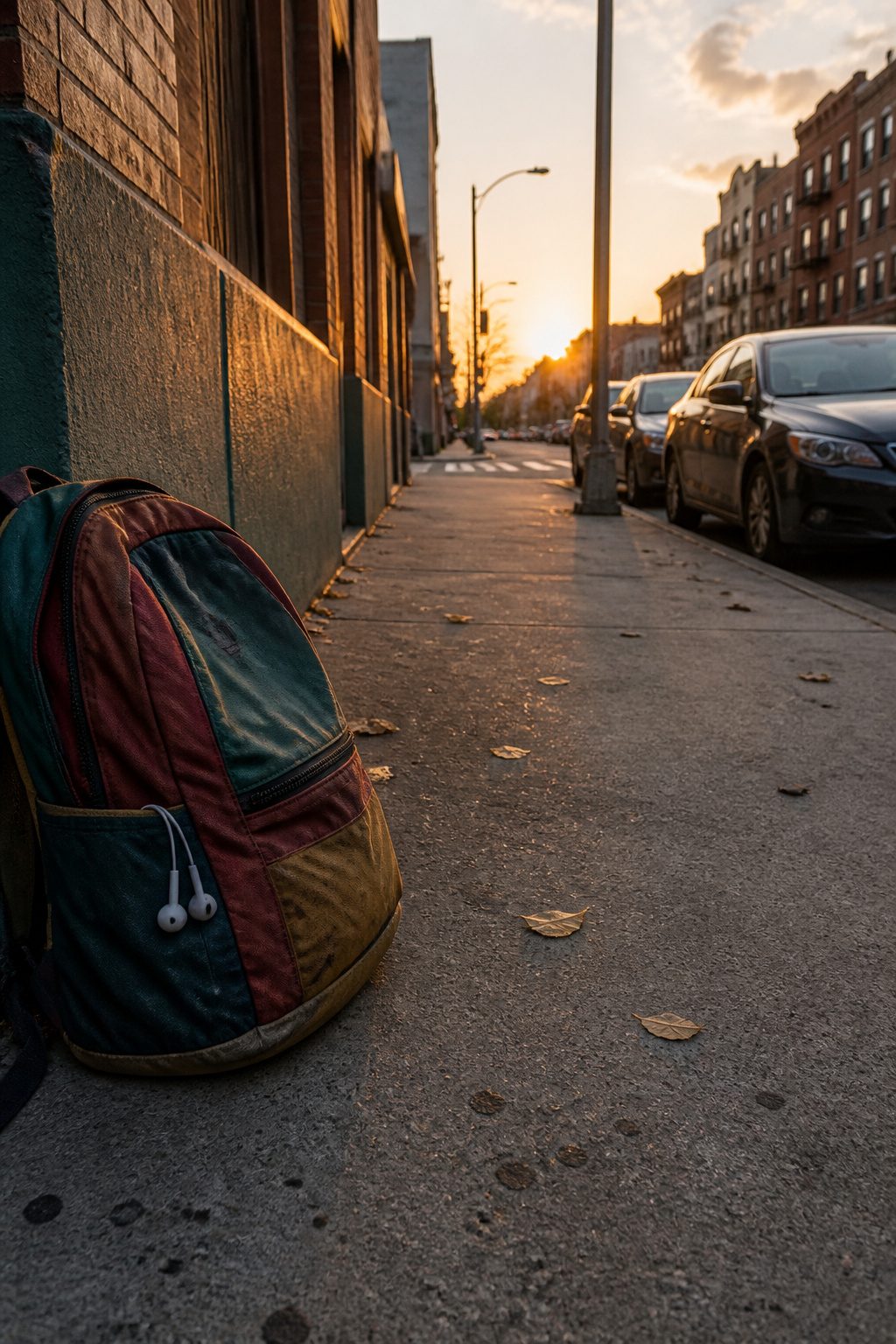 A quiet alleyway with shadows and a pair of shoes at the entrance.