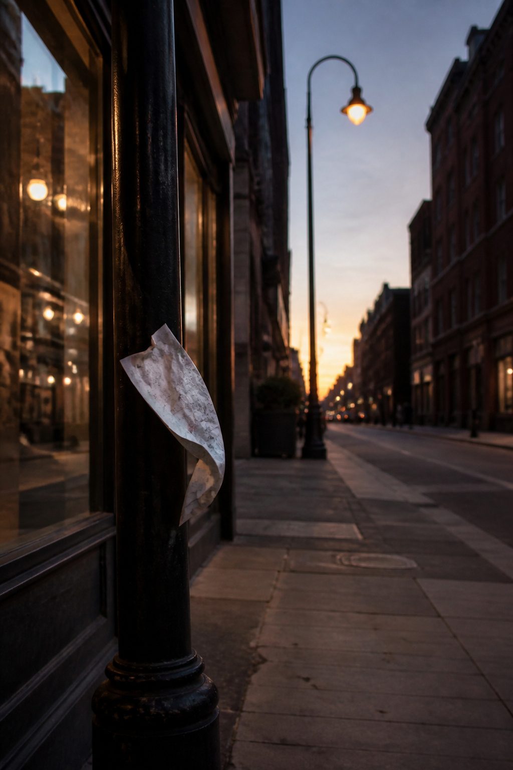 An atmospheric city street at twilight with long shadows and distant figures.
