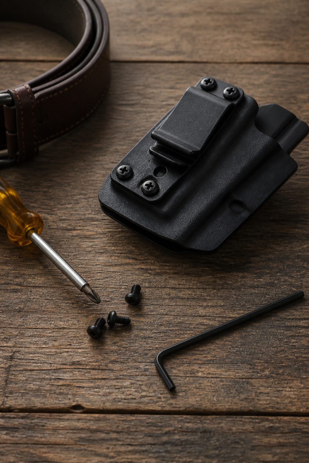 Belt Clip Holster Hardware: Types, Materials and Carry Tradeoffs 7 Objects for adjusting belt clip holsters on a surface.