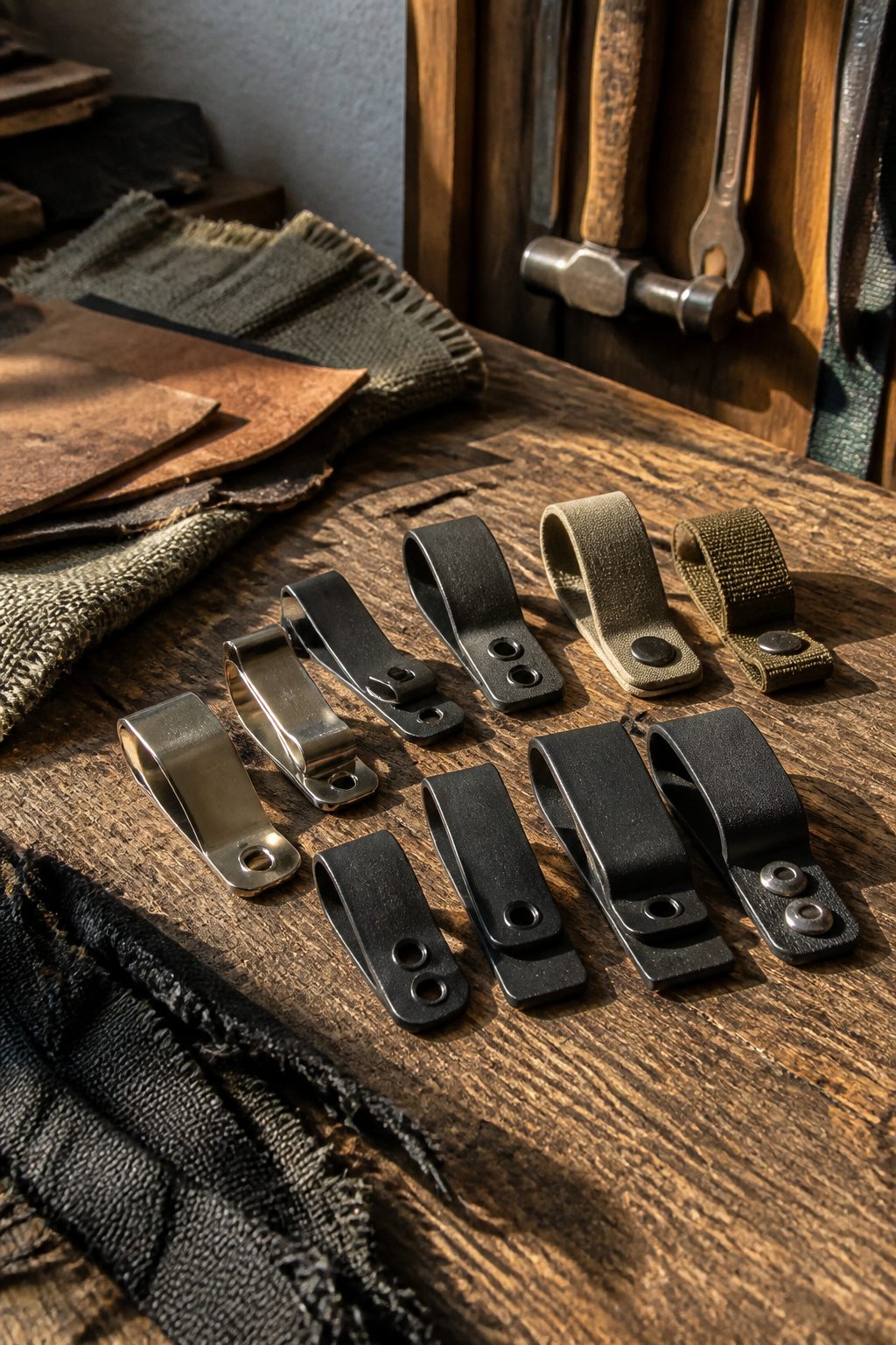 Belt Clip Holster Hardware: Types, Materials and Carry Tradeoffs 8 Various clips for holsters presented on a wooden surface.