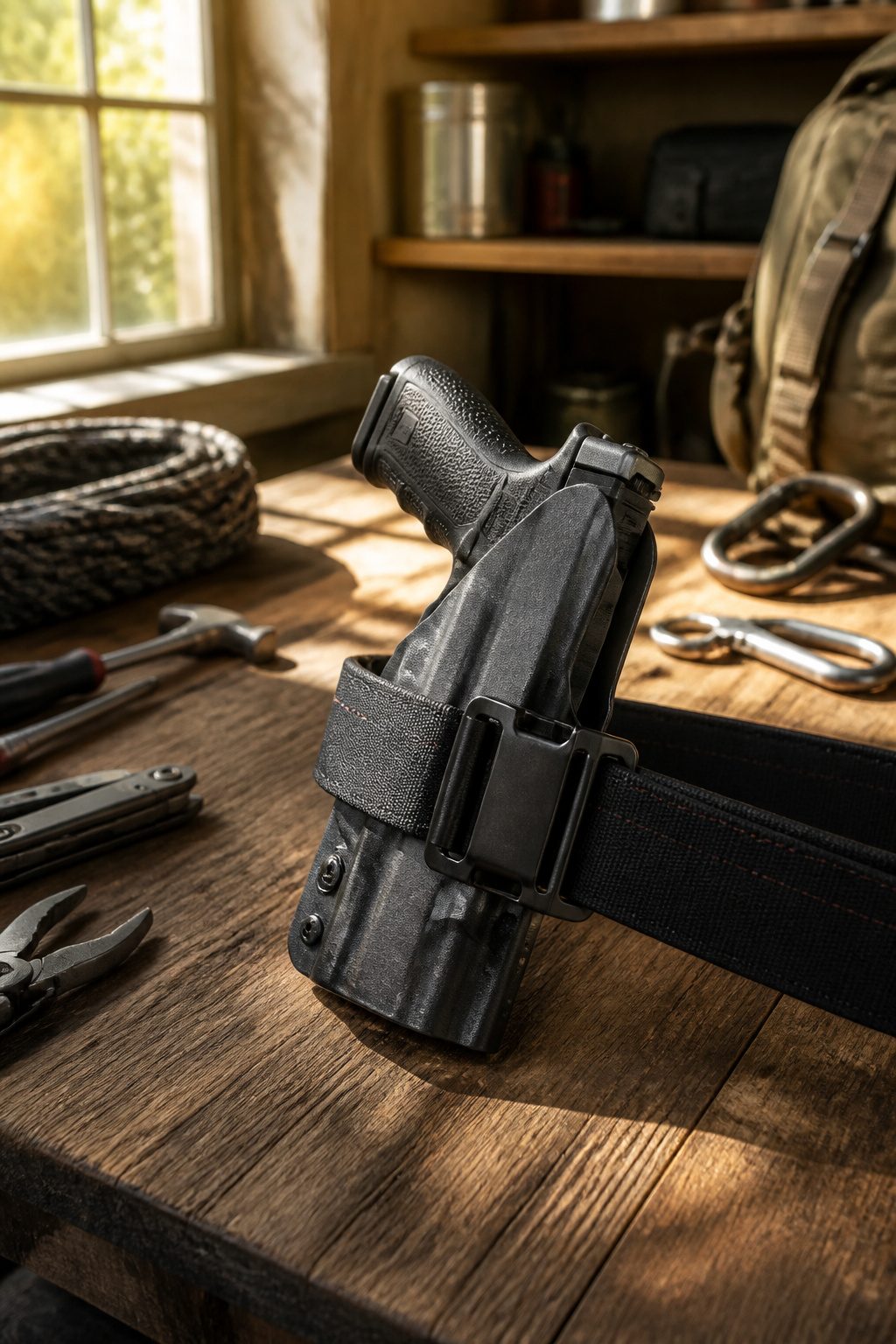 Belt Clip Holster Hardware: Types, Materials and Carry Tradeoffs 3 Narrow metal overhook clip positioned around a belt loop.