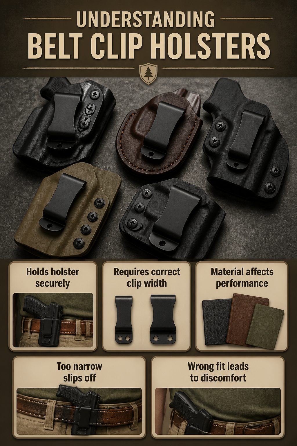 Belt Clip Holster Hardware: Types, Materials and Carry Tradeoffs 1 Diagram illustrating the components of a belt clip holster.
