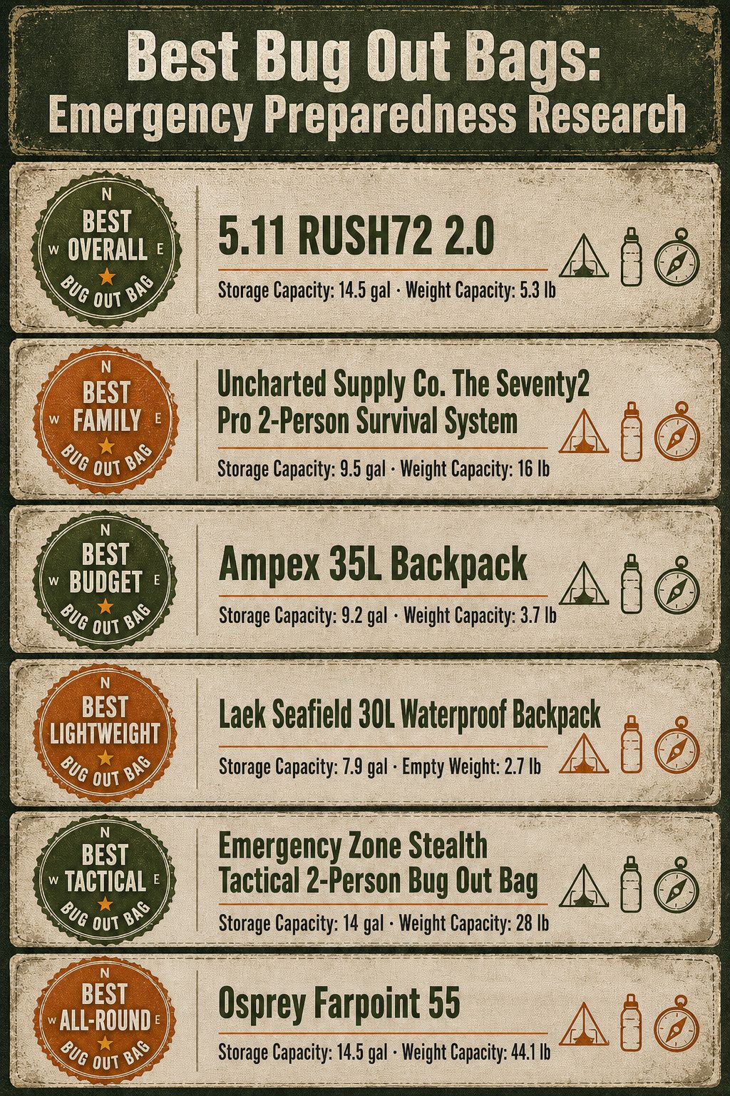 9 Best Bug Out Bags 2026: Emergency Preparedness Research 20 Comparison infographic of different bug out bags with storage capacities