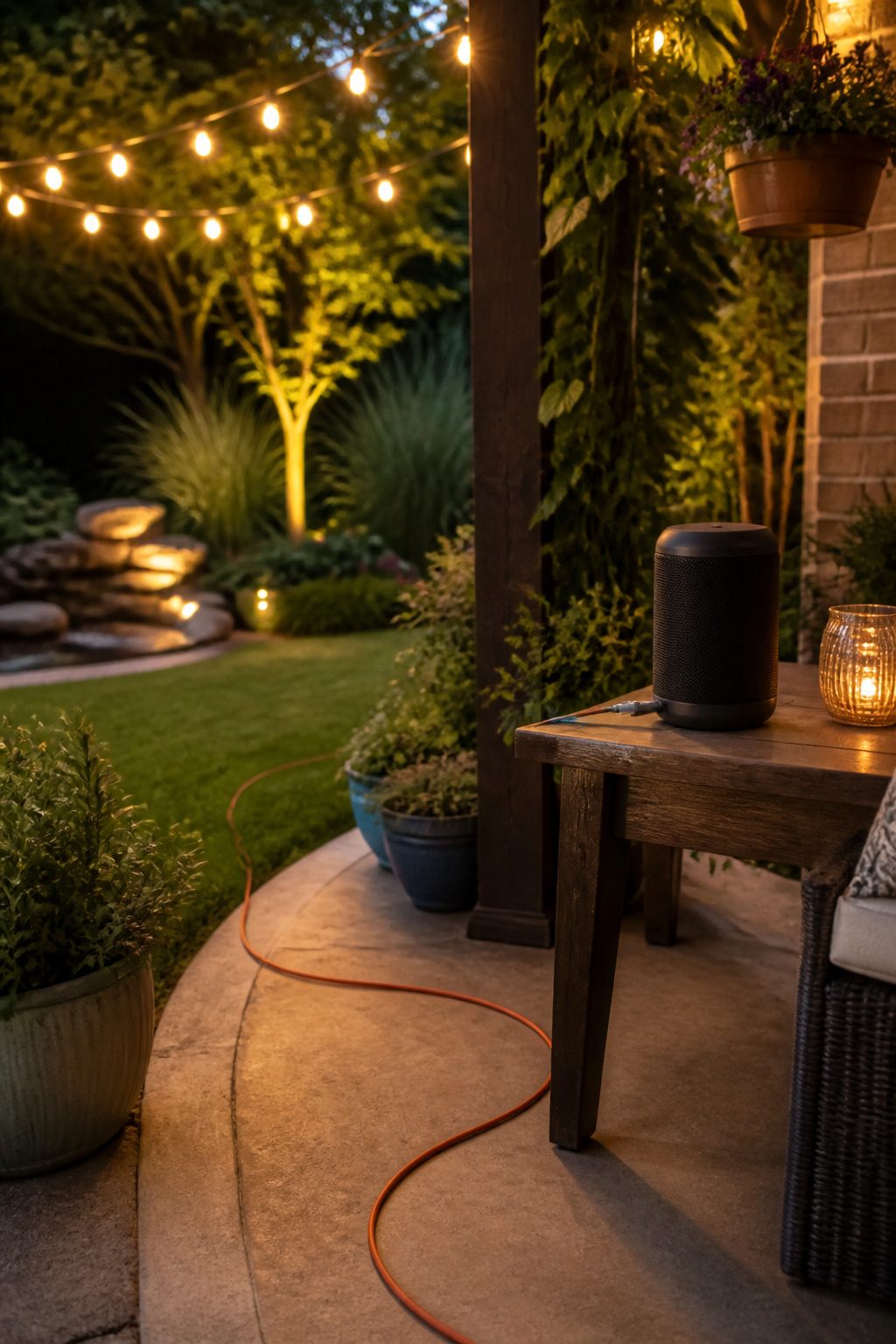6 Best Extension Cords 2026: Home, Garage and Outdoor Picks 13 Backyard patio illuminated with string lights and an extension cord on the ground.