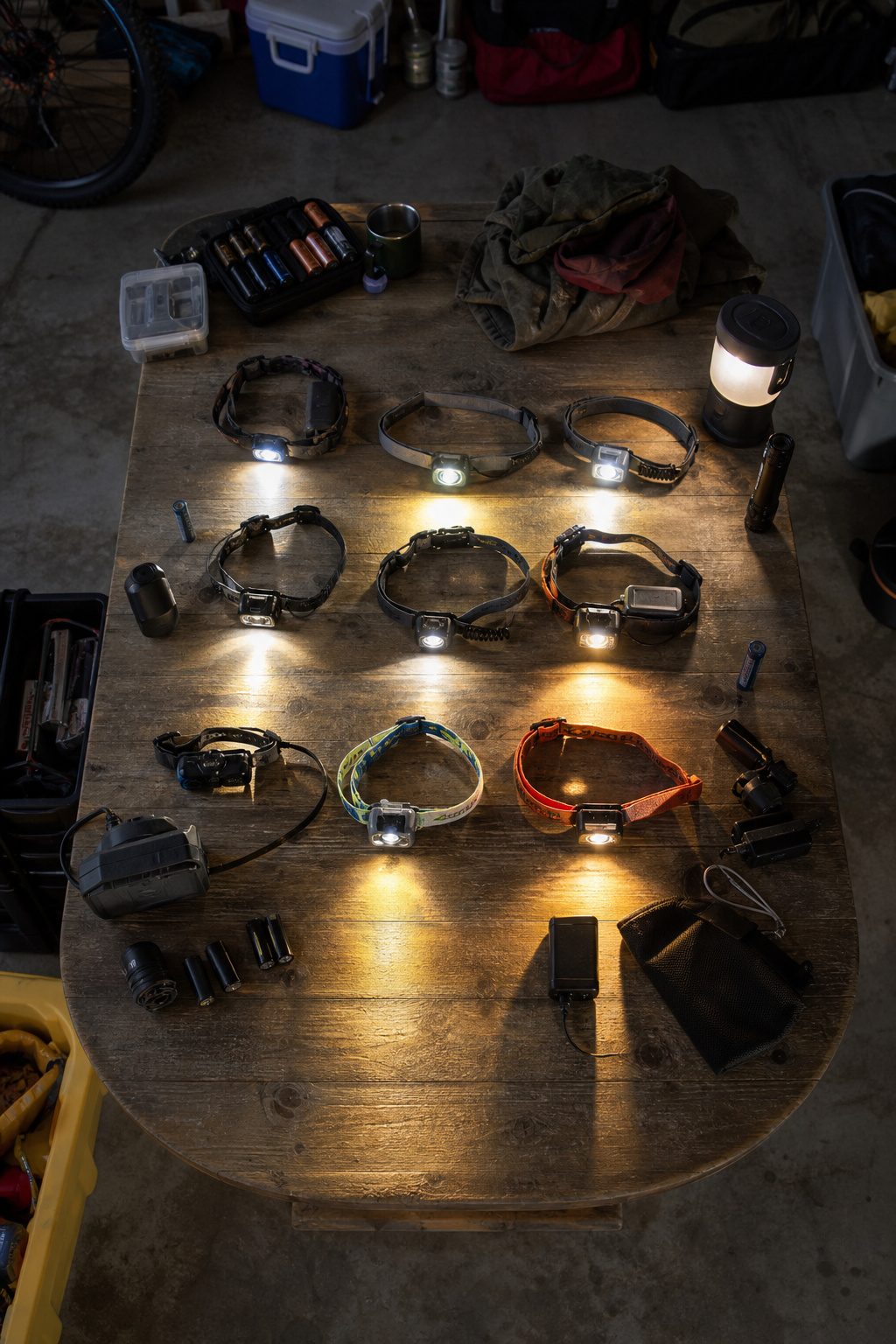 Best Headlamp: 9 Top Picks for Camping, Running & More 13 A cluttered picnic table in a dimly lit area with headlamp accessories.