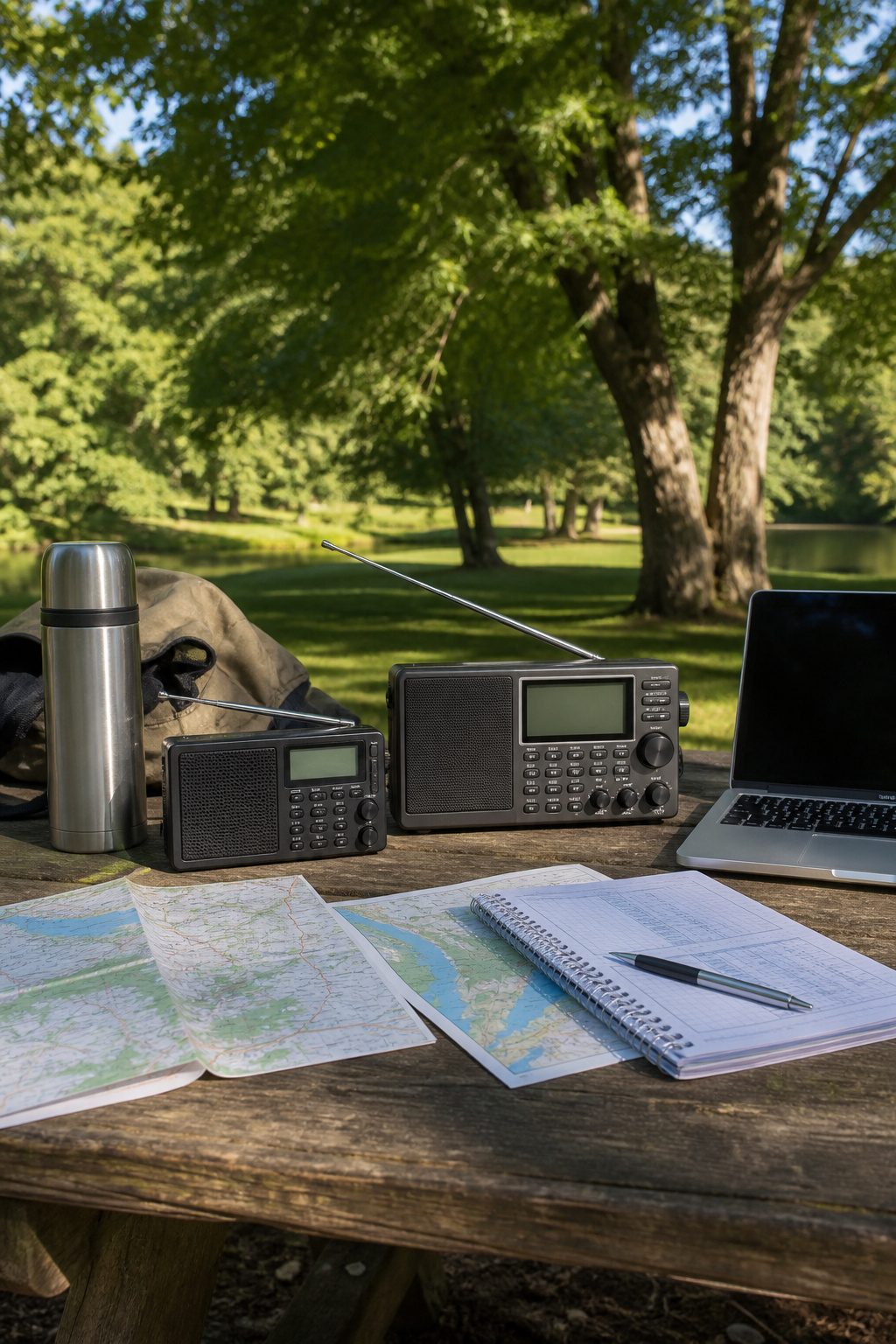 Neatly arranged outdoor setup for testing shortwave radios