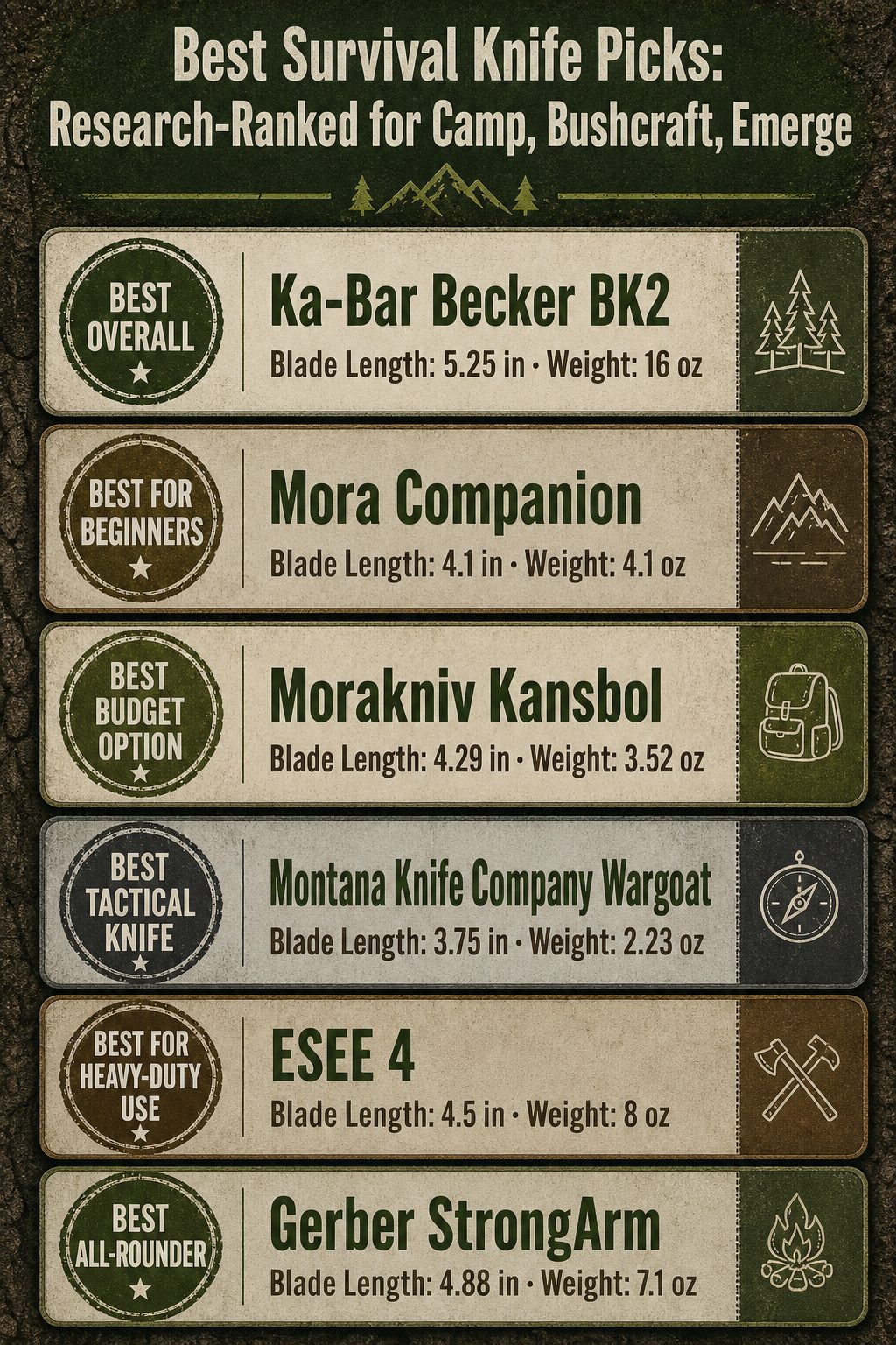 10 Best Survival Knife Picks 2026: Research-Ranked for Camp, Bushcraft, Emergency 14 An infographic comparing different survival knives with title text