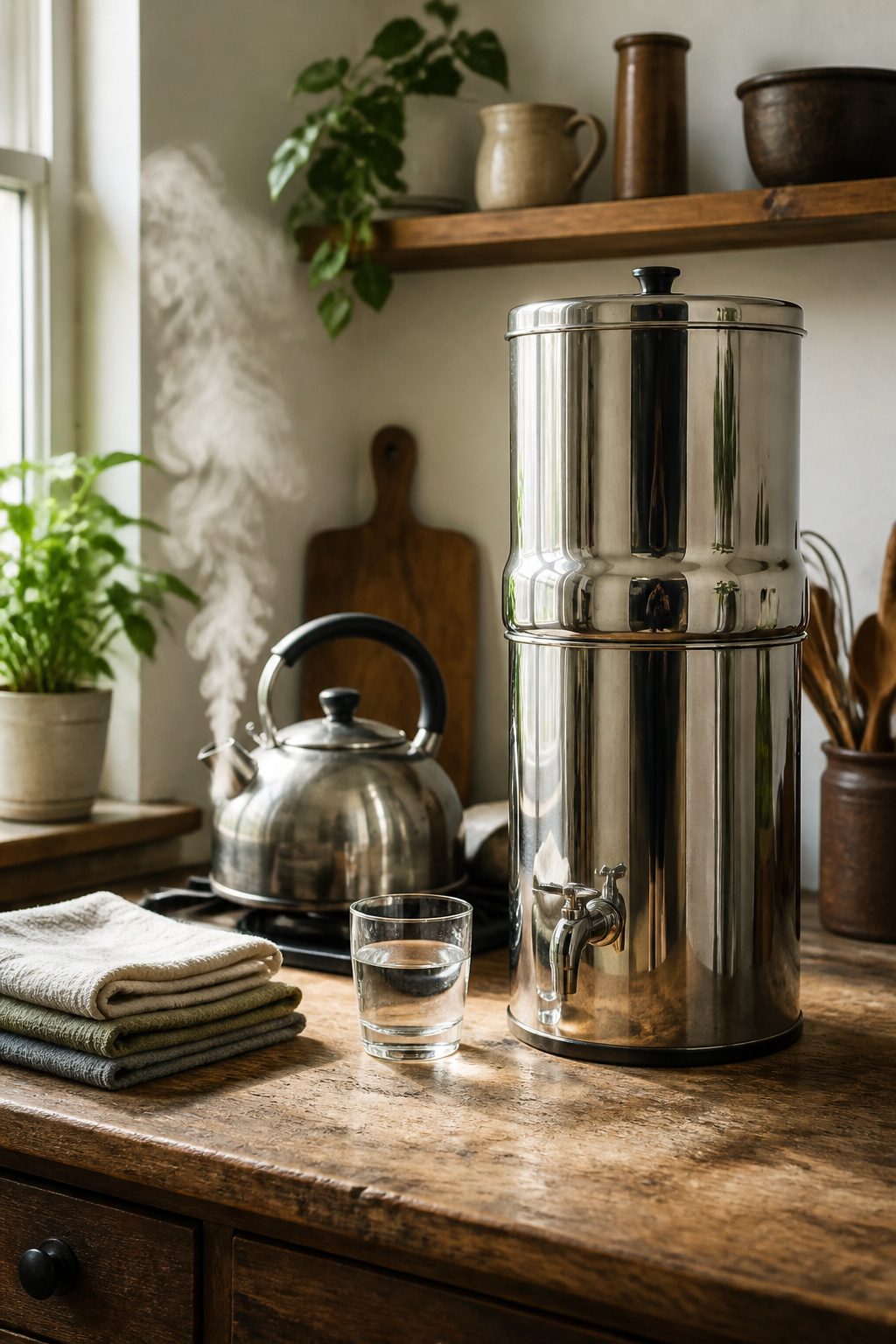All in One Filter with a stainless steel casing on a kitchen countertop.
