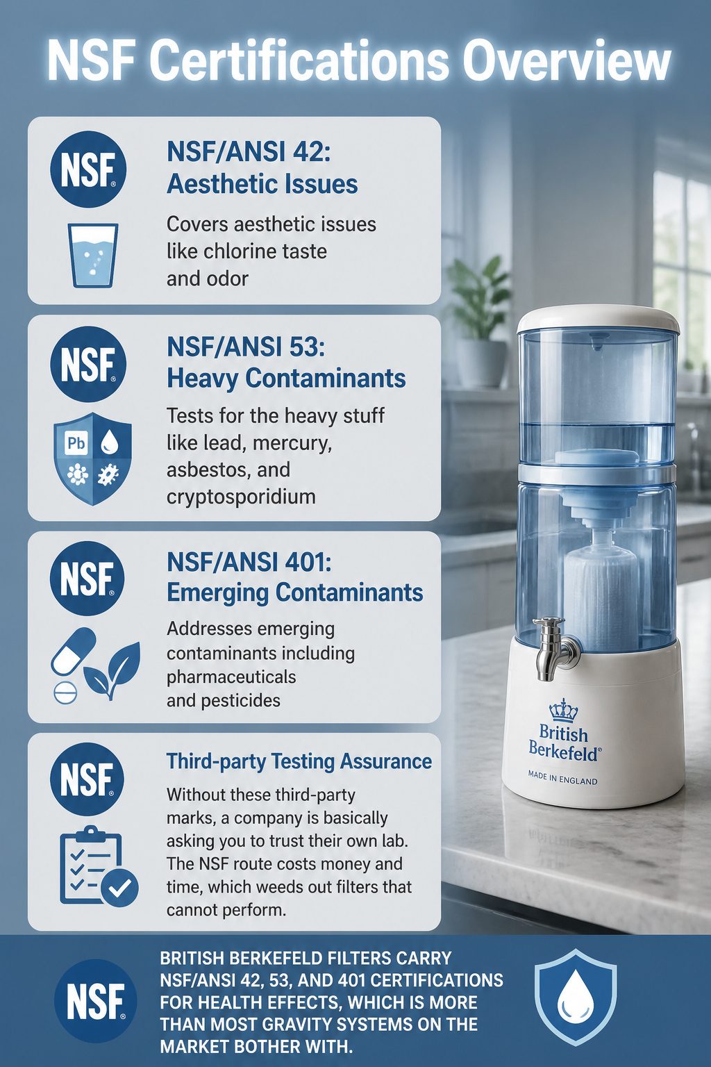 Overview of NSF certifications for British Berkefeld filters.