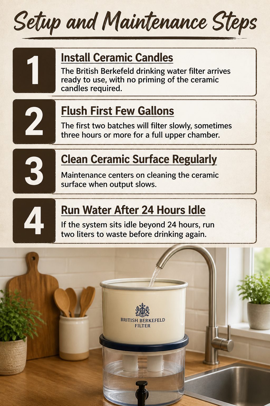Steps for setting up a British Berkefeld drinking water filter.