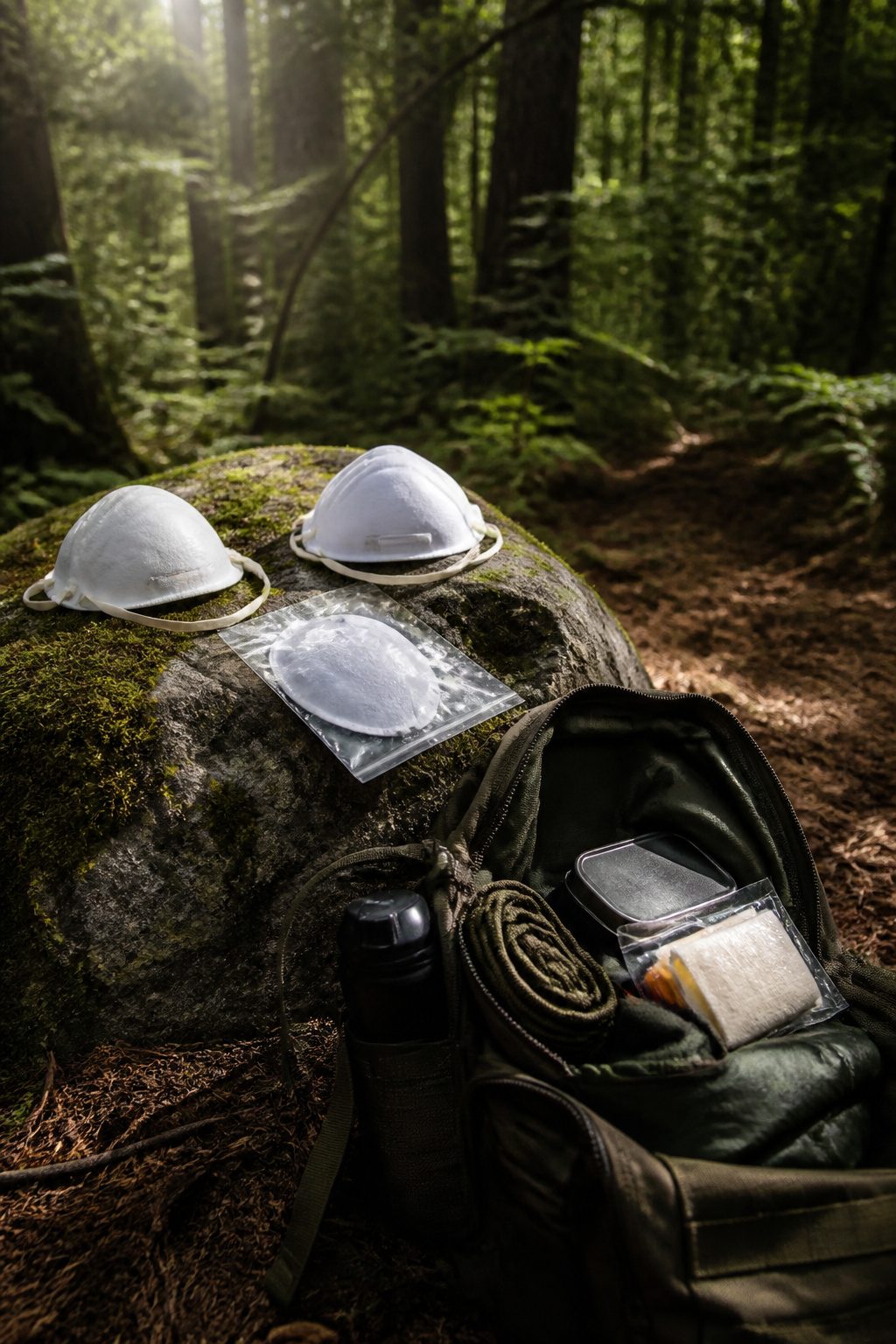 Bug Out Bag Essentials: What to Pack for Emergencies in 2026 7 Two N95 dust masks on a moss-covered rock near a bug out bag.