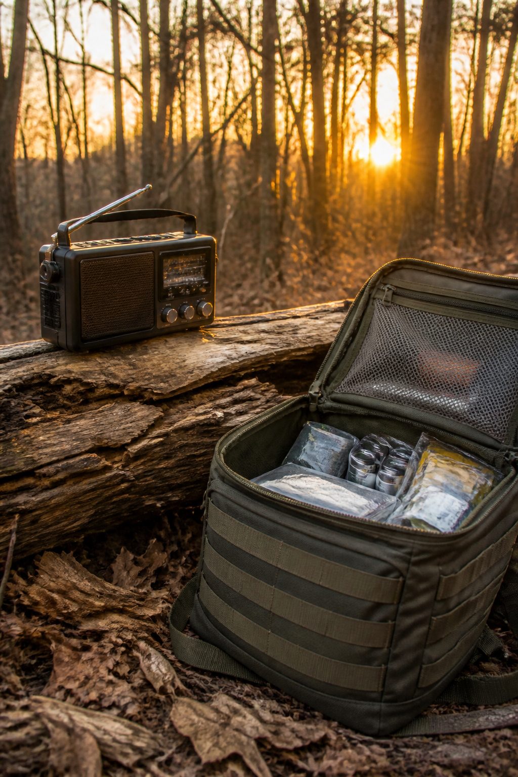 Bug Out Bag Essentials: What to Pack for Emergencies in 2026 5 A sturdy radio on a log with a bug out bag in the background.