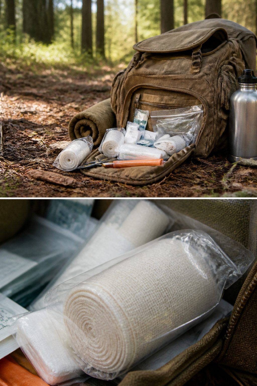 Bug Out Bag Essentials: What to Pack for Emergencies in 2026 3 A first aid kit with gauze and bandages on a wooden surface.