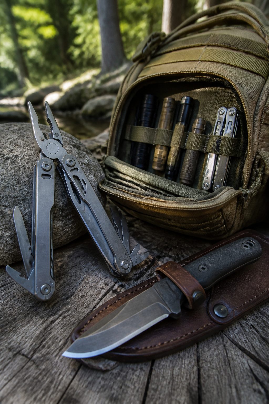 Bug Out Bag Essentials: What to Pack for Emergencies in 2026 10 A multi-tool and fixed-blade knife on a wooden background.