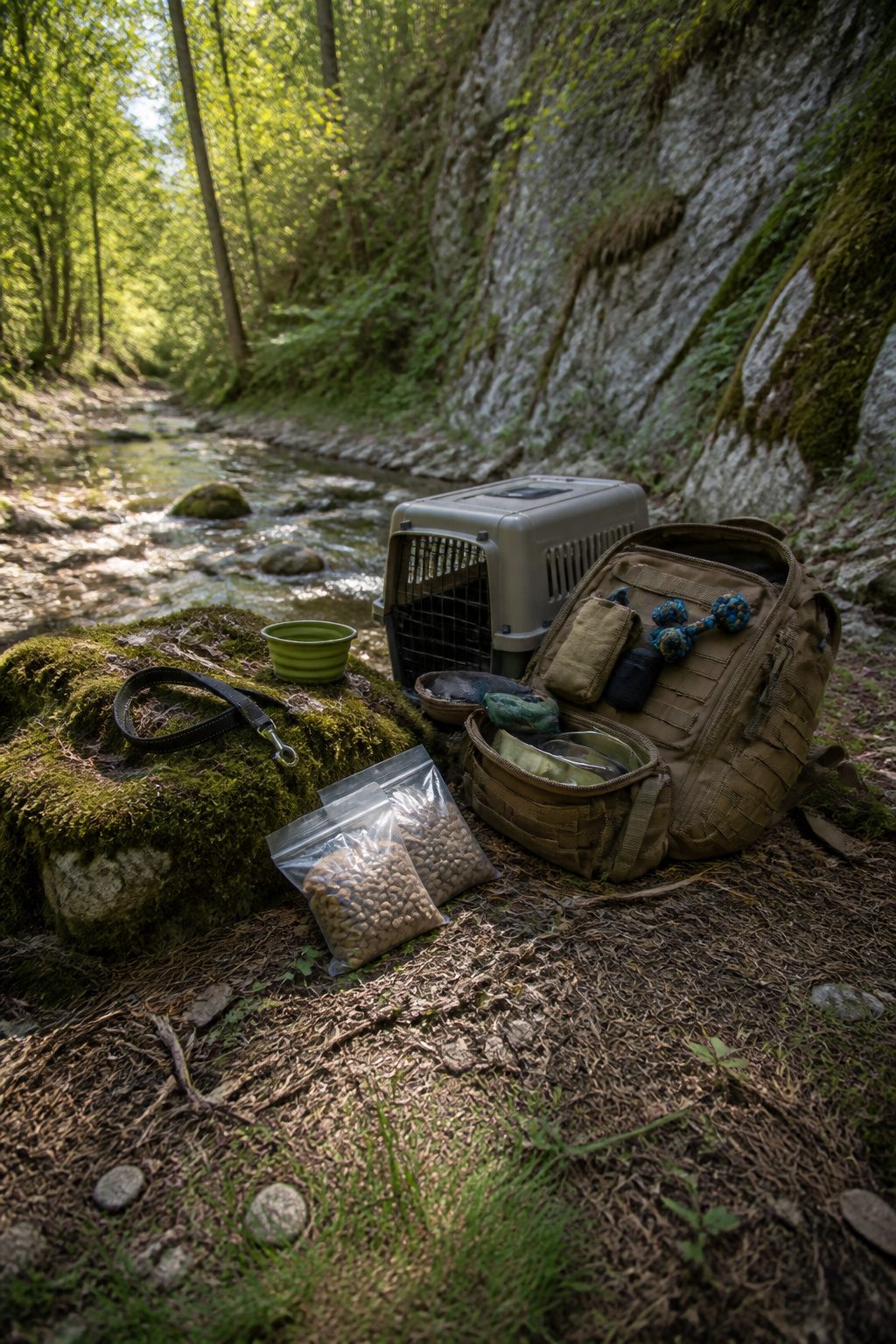 Bug Out Bag Essentials: What to Pack for Emergencies in 2026 15 Dog supplies including food and a leash near a bug out bag.