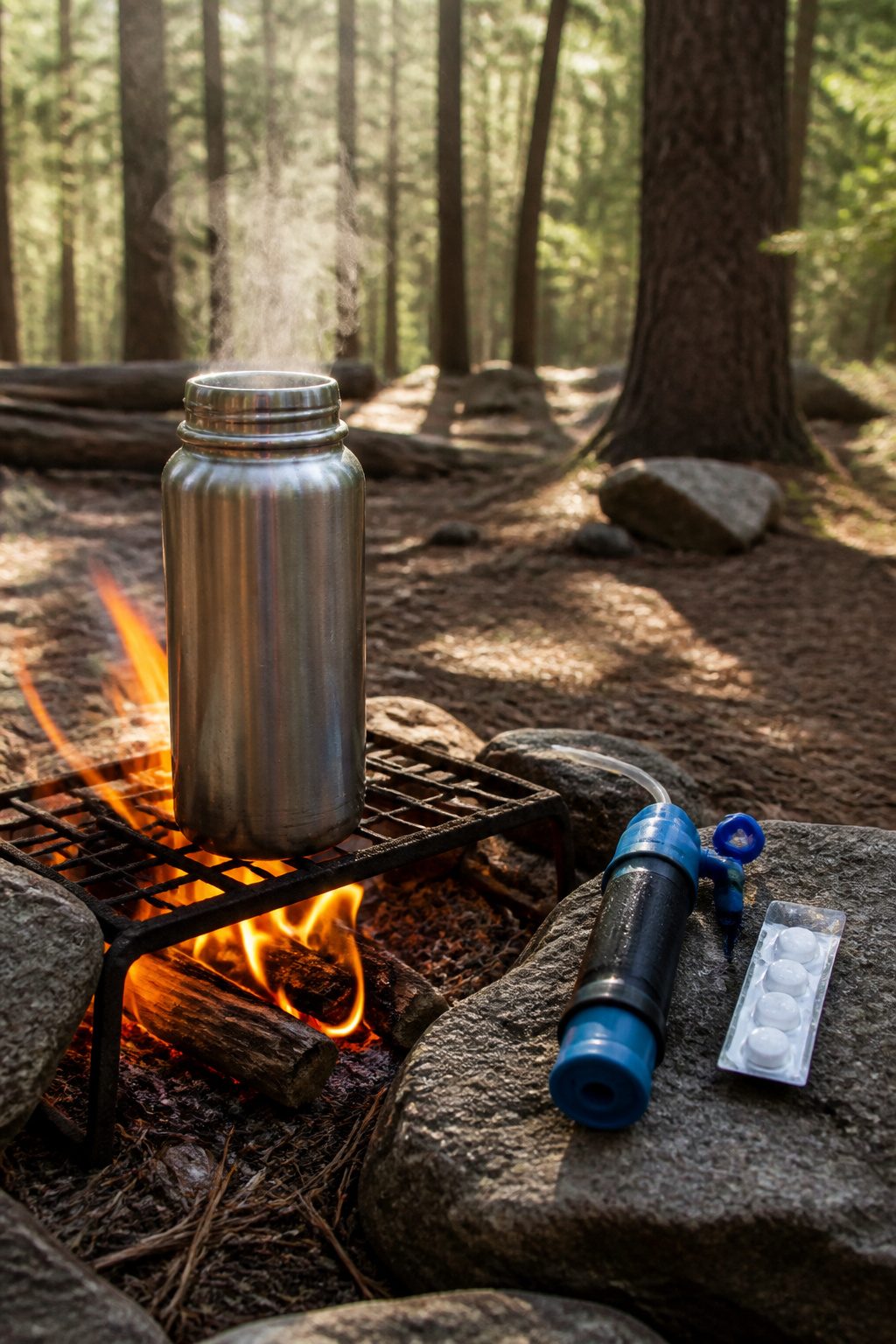 Bug Out Bag Essentials: What to Pack for Emergencies in 2026 1 A water bottle on a campfire with a water filter nearby.