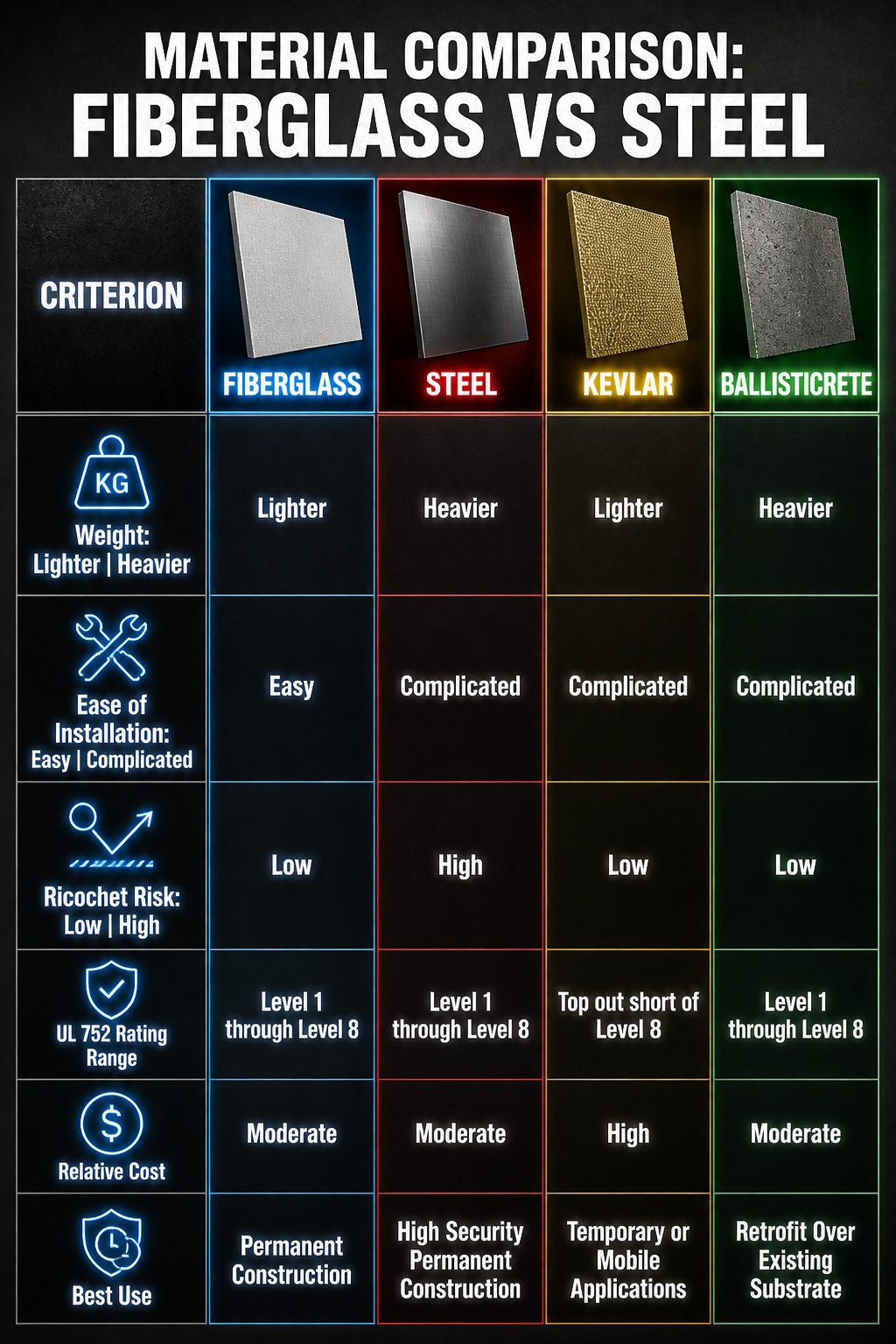 Material comparison image highlighting fiberglass and steel panels.