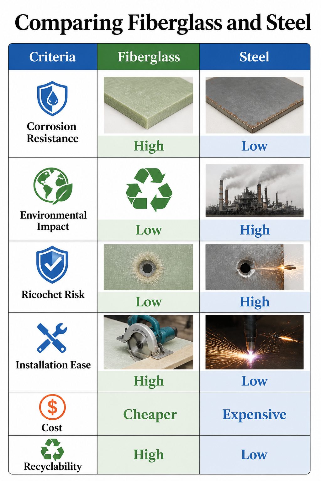 Material comparison image contrasting fiberglass and steel for wall construction.