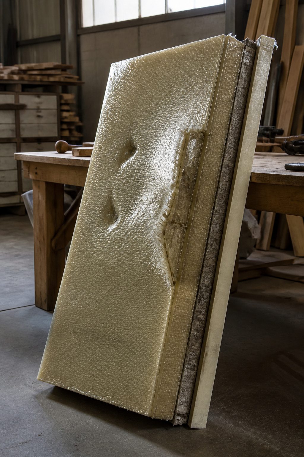 Photograph of a bullet-resistant wall panel showing layered construction.