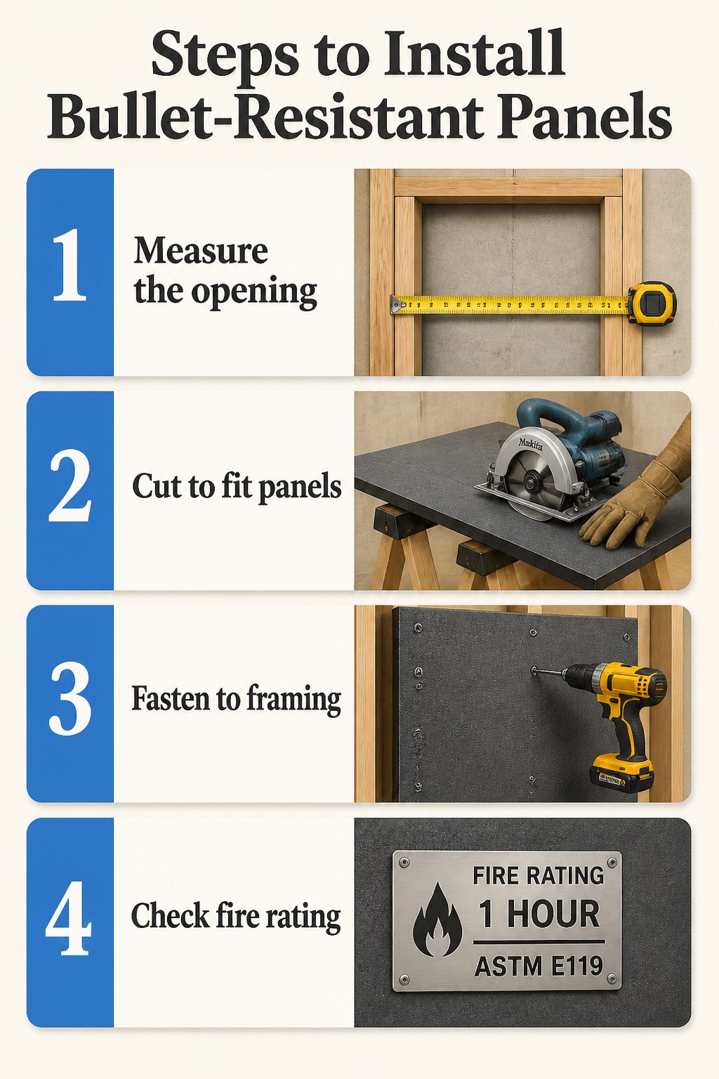 Information image detailing steps to install bullet-resistant panels.
