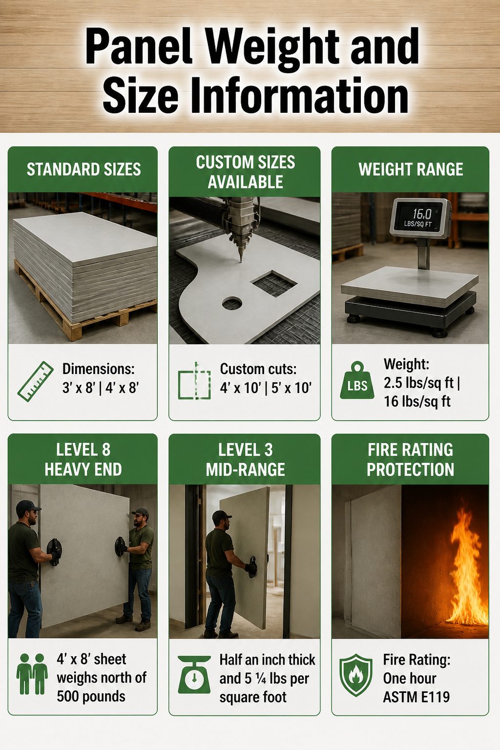 Information image showing weight and size details for bullet-resistant panels.