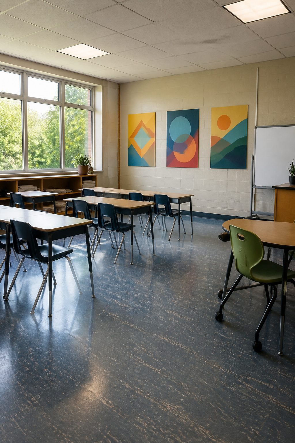 Photograph showing bullet-resistant wall construction in a school setting.