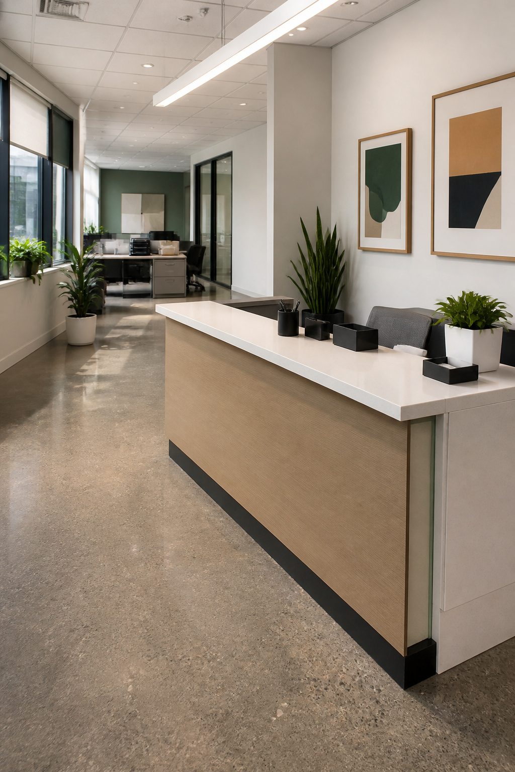 Photograph showing bullet-resistant wall construction in a reception area.