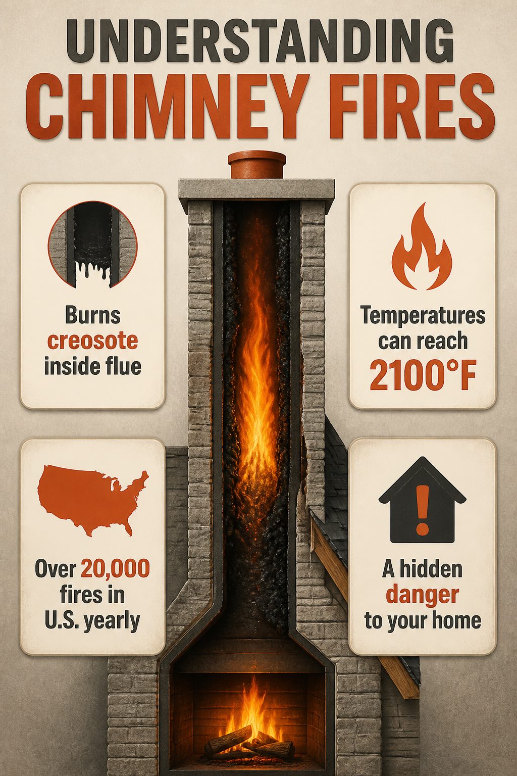Chimney Fire: Causes, Signs, Risks and Prevention Guide 2026 1 An informational image about chimney fires and creosote combustion.