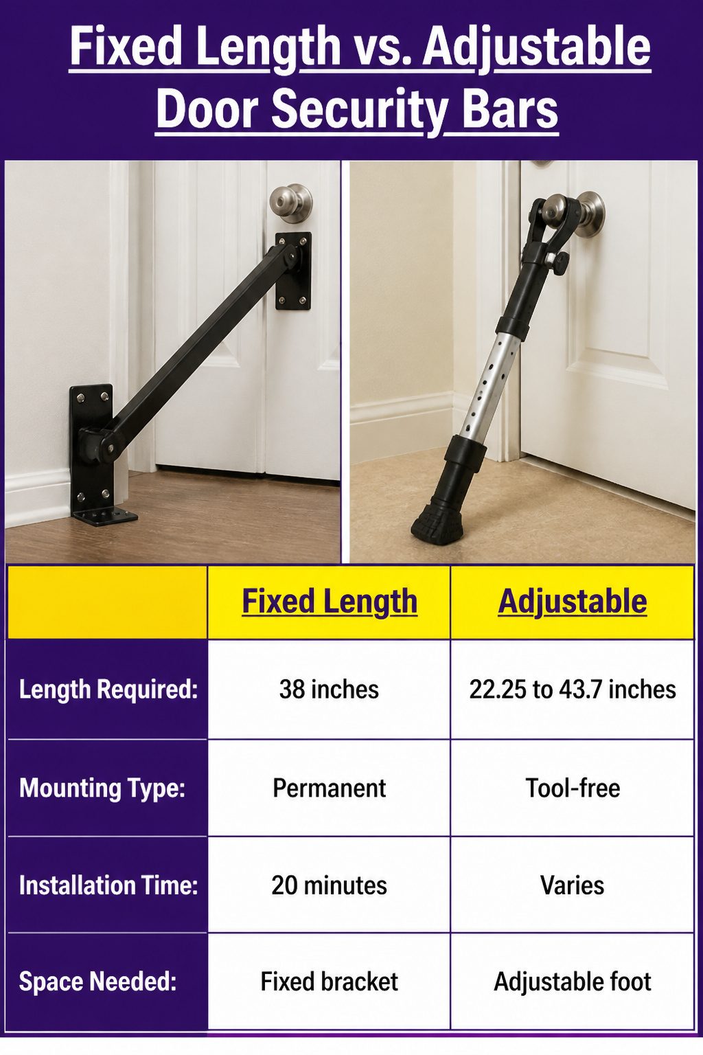 Door Security Bar: 8 Models and How to Choose in 2026 11 Diagram comparing fixed length versus adjustable door security bars.