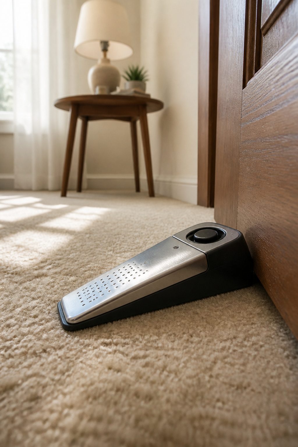 Door Security Bar: 8 Models and How to Choose in 2026 7 Sabre Door Stop Alarm placed on a floor near a door.