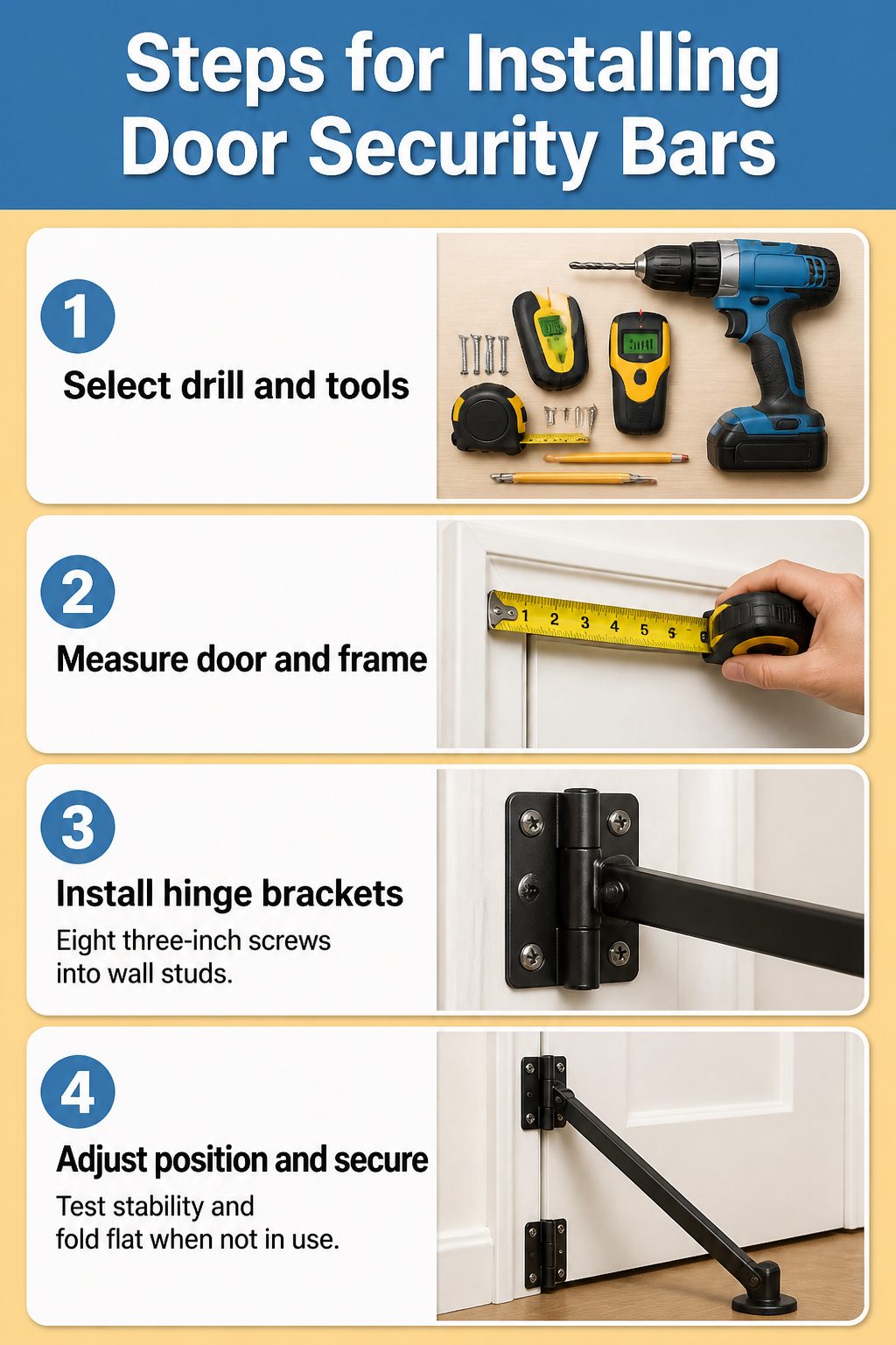 Door Security Bar: 8 Models and How to Choose in 2026 12 Illustration showing steps to install door security bars.