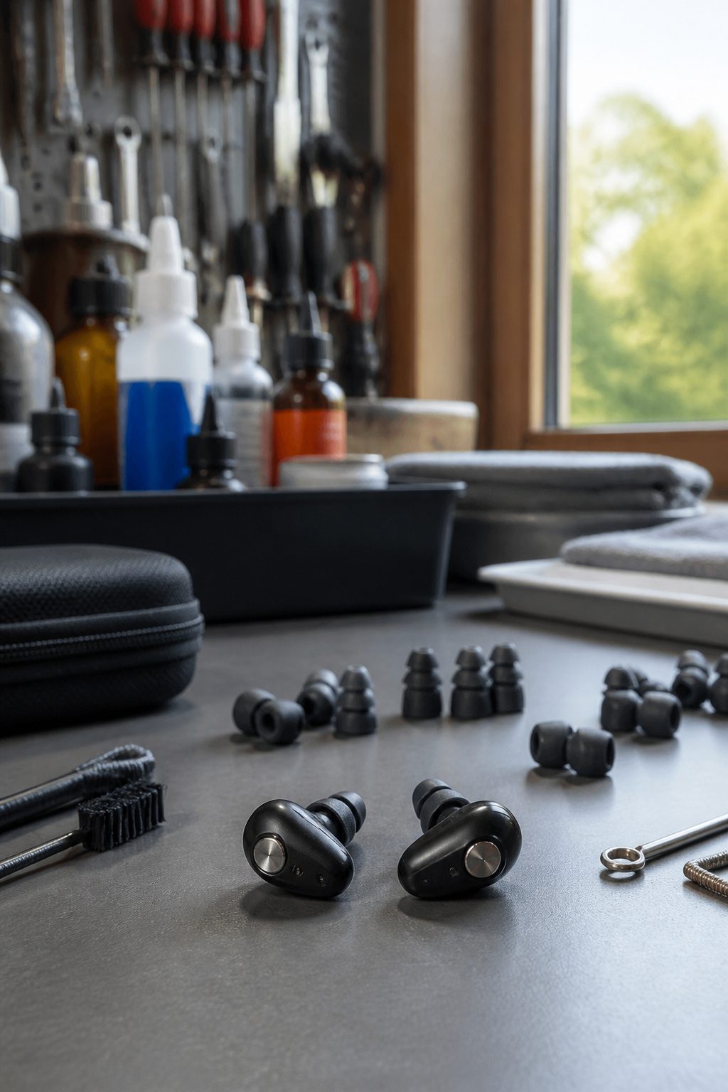 12 Electronic Ear Muffs by Category for 2026 8 Etymotic Gun Sport Elite electronic earplugs on a table.