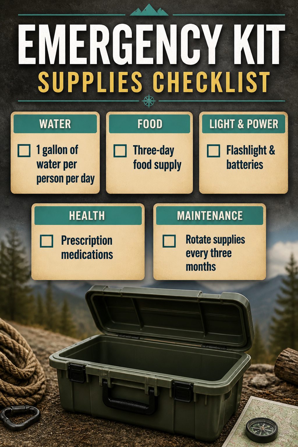 Emergency Preparedness Kits: What to Include in Yours 15 An emergency kit checklist displayed as a reminder for supply rotation.