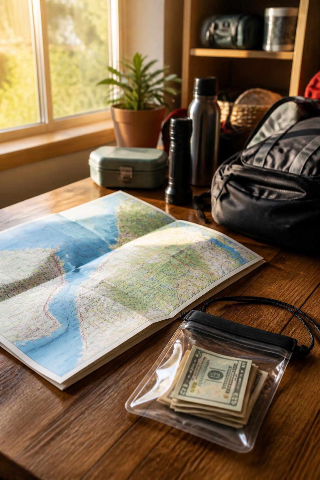 Emergency Preparedness Kits: What to Include in Yours 11 A local map spread out with a small waterproof bag of cash nearby.