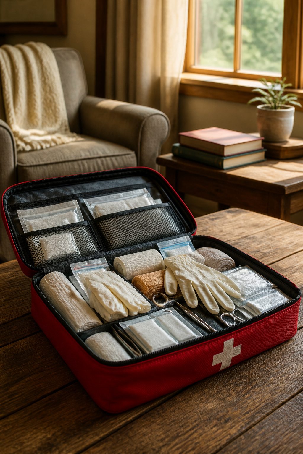 Emergency Preparedness Kits: What to Include in Yours 2 An open first aid kit displaying bandages, gloves, and antiseptic wipes.
